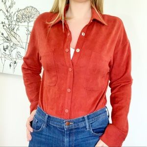 Faux Suede Button Down Long Sleeve Bodysuit